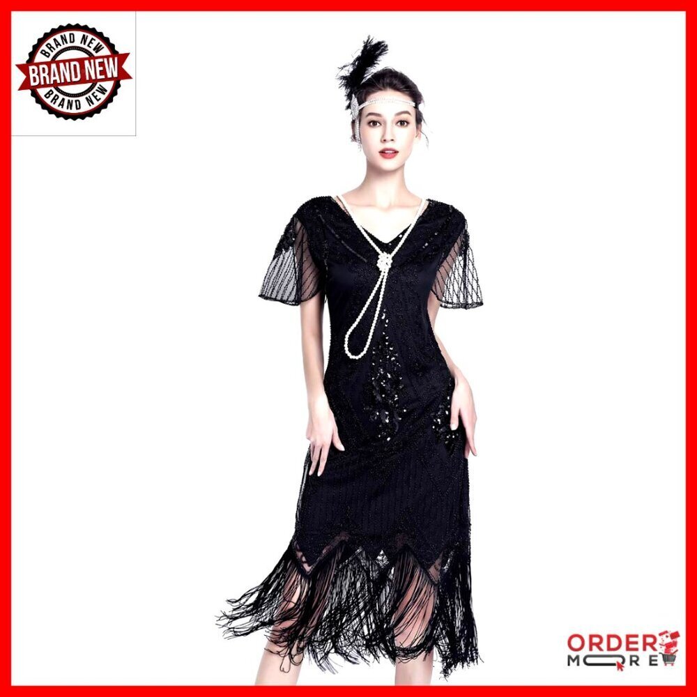 V-Neck Flapper Dress with Beads, Knee Length, Polyester, Gatsby Party